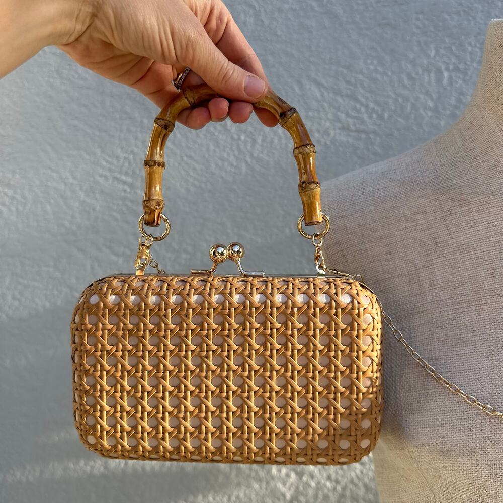 Cane Rattan Clutch with Bamboo Handle and Chain Strap - Picture 2 of 7